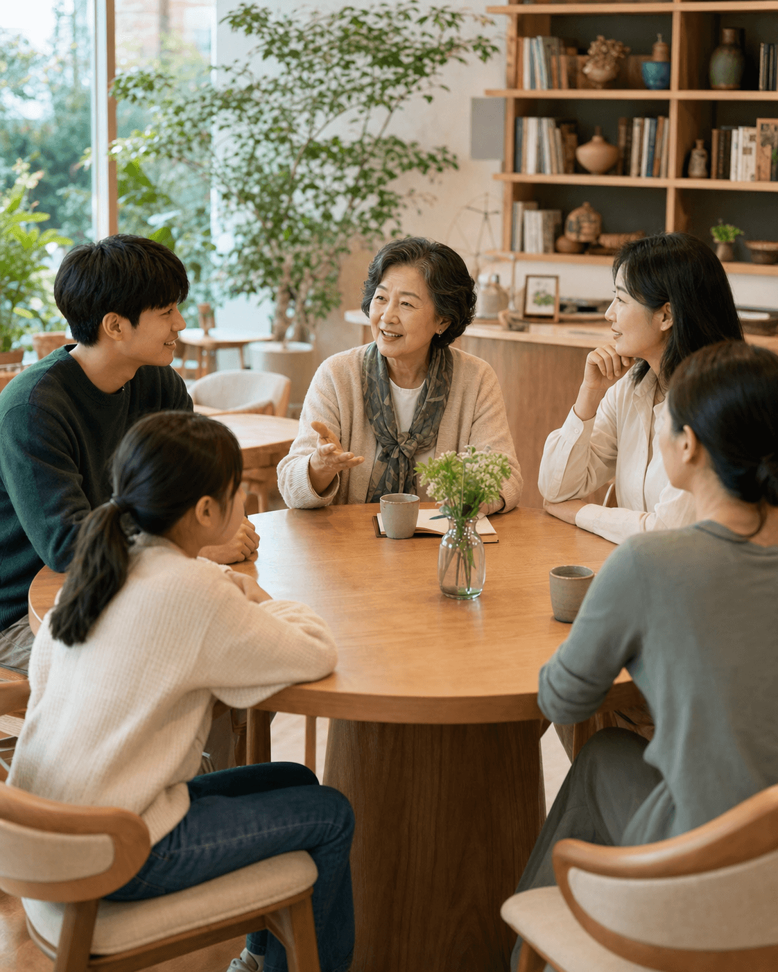 시니어가 여러 세대와 원탁에 둘러앉아 생각을 나누는 모습