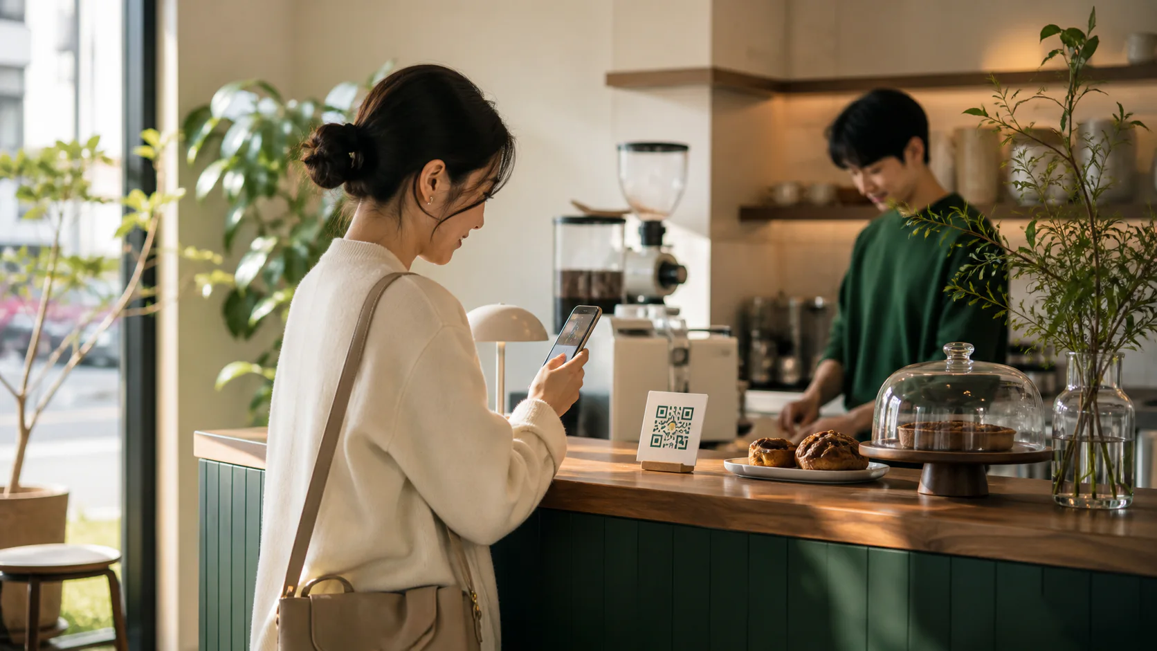 카페 매장에서 QR 코드를 스캔하는 고객