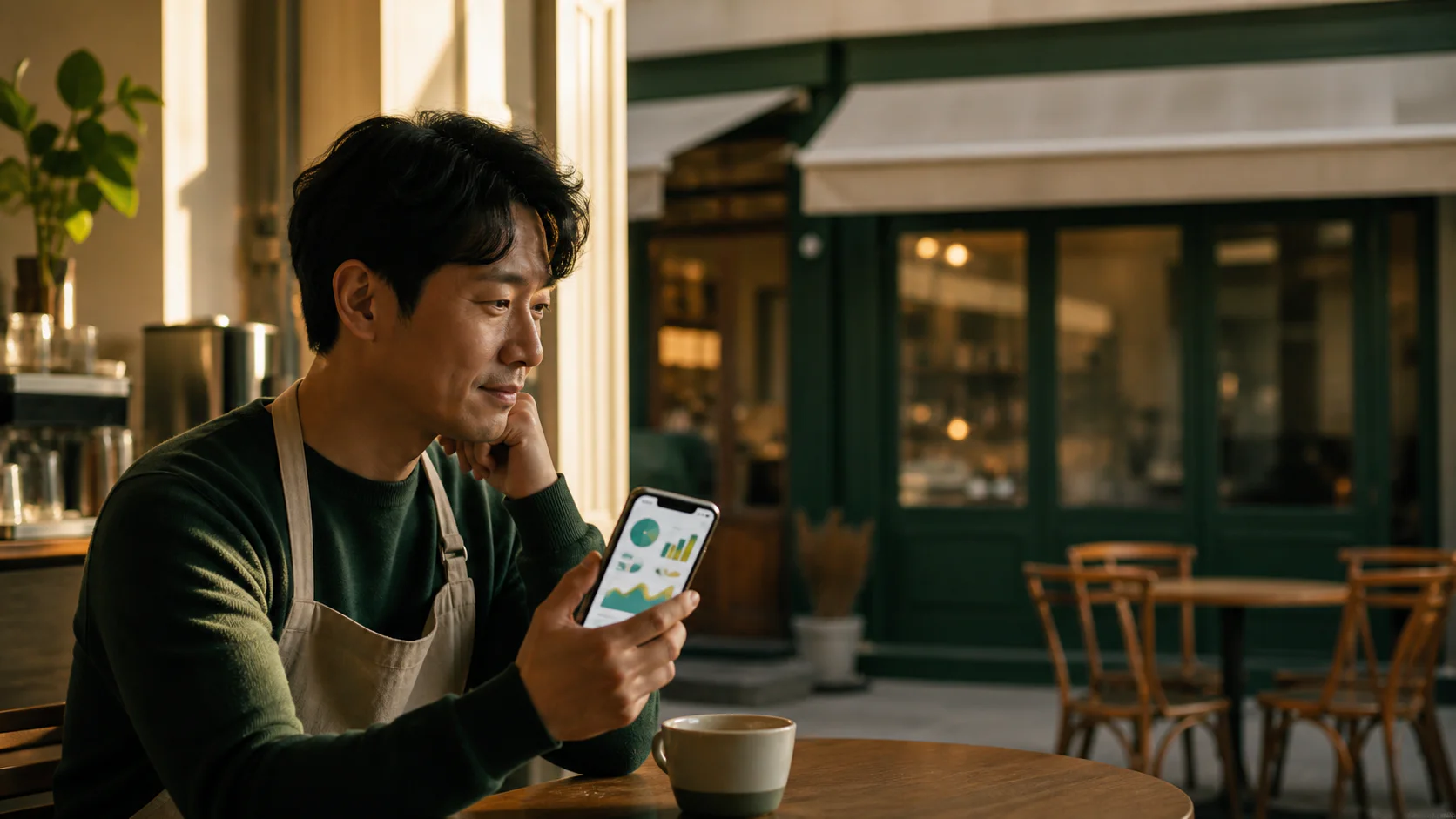 SNS 반응을 확인하며 조용한 매장을 바라보는 가게 운영자