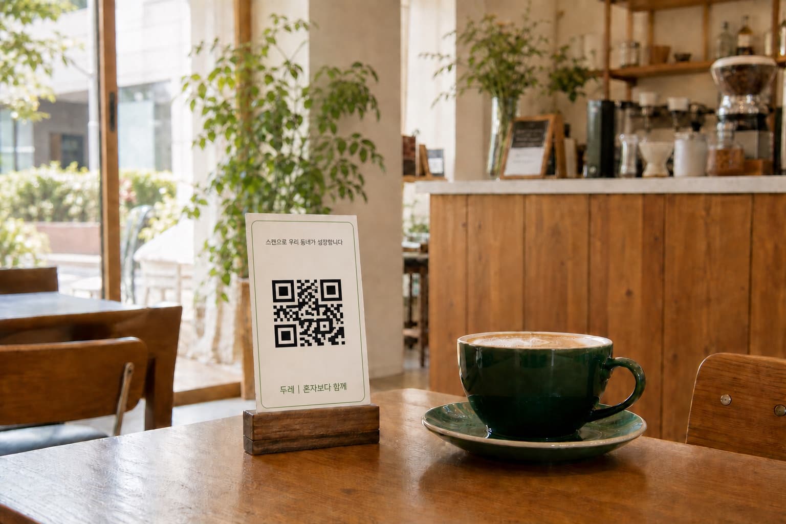 가족가게 테이블 위 우드 스탠드에 놓인 두레 QR